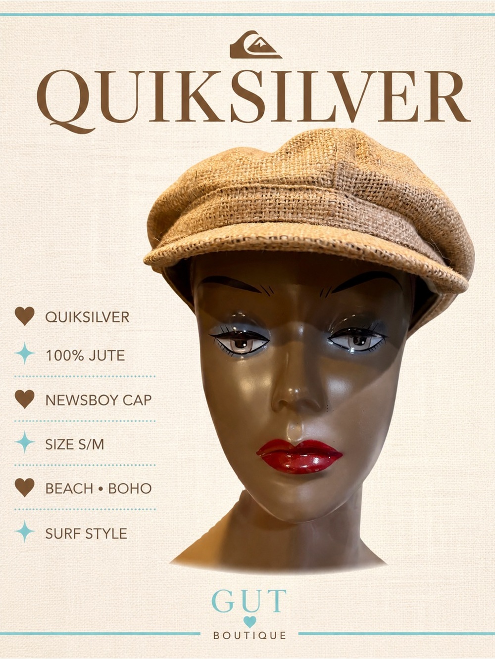 Quiksilver 100% Jute Newsboy Cabbie Hat Tan Woven Cap Size S/M - Picture 3 of 10